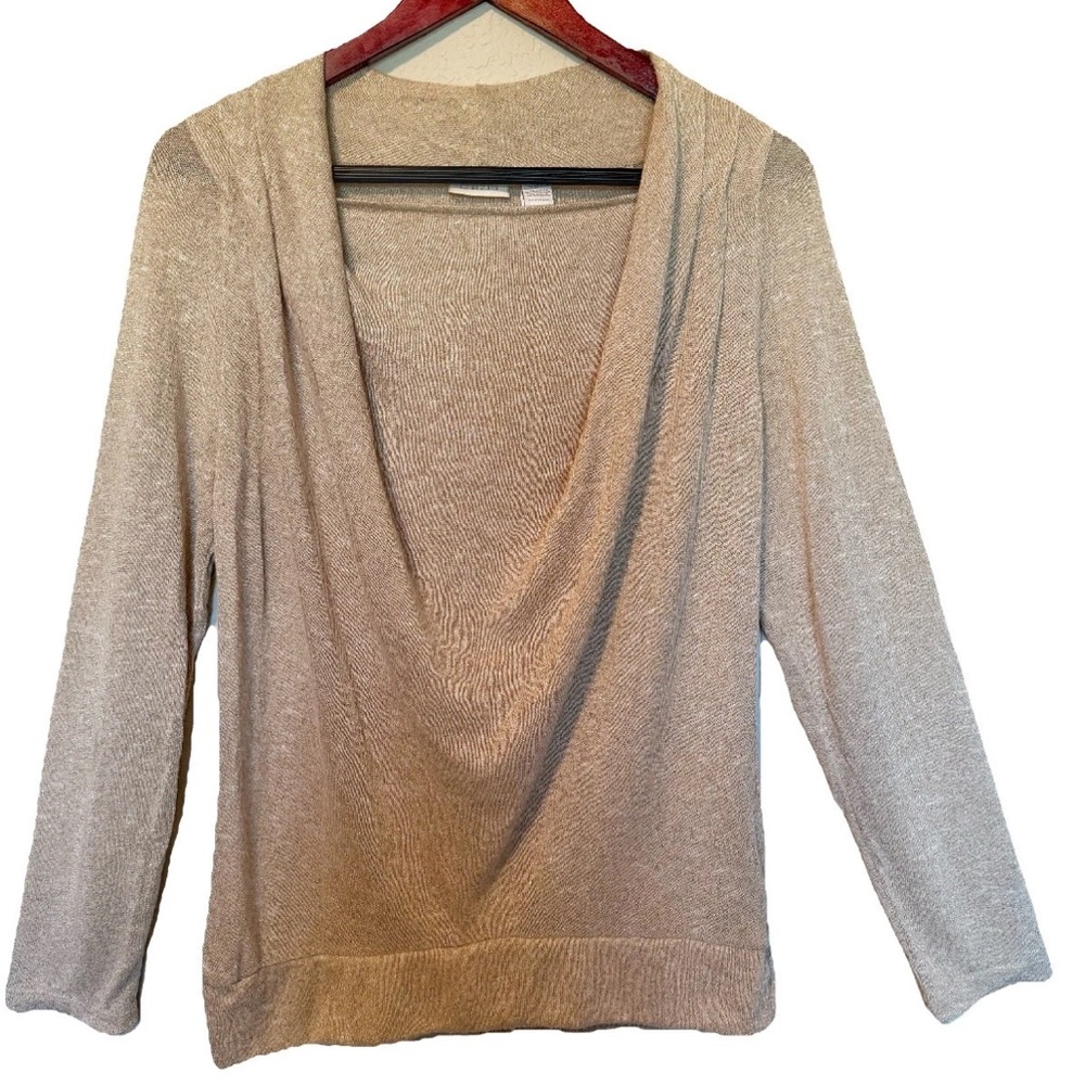 Chicos Carly Cowl Neck Gold Shimmery Metallic Long Sleeve Top Size 1/Medium